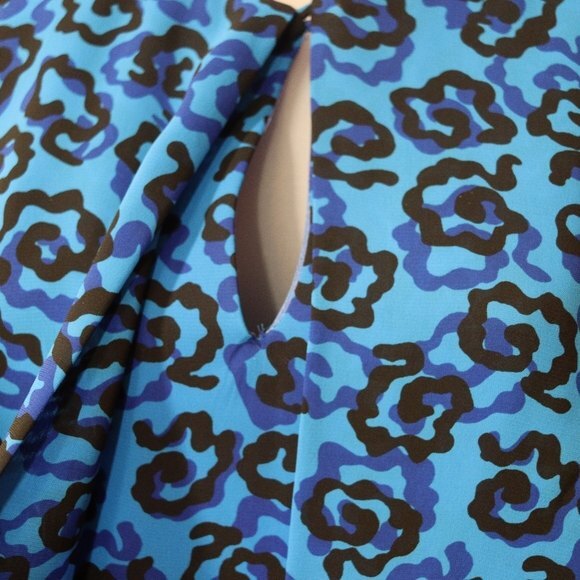 Vintage Royal Blue Black Floral Print Long Sleeve Knee Length Dress 1980s USA - Picture 14 of 15